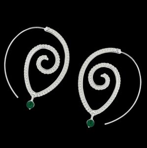 Boho Spiral Hoop Earrings Emerald Green Faceted Accent Statement Hoops Big Swirl